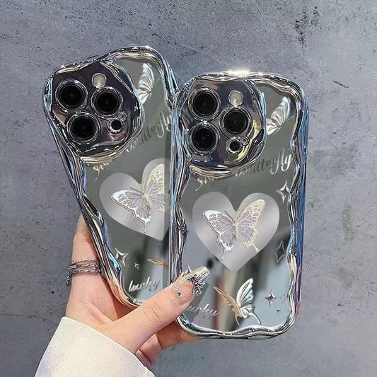 Mirrored Electroplated Lucky Butterfly Phone Case with Silver Edges