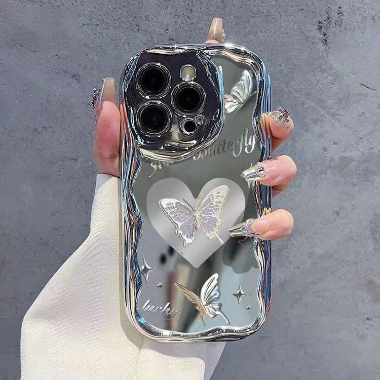 Mirrored Electroplated Lucky Butterfly Phone Case with Silver Edges